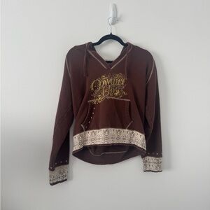 Cowgirl Up Western Hoodie XL Brown Graphic Pullover Rodeo Y2K Sweatshirt